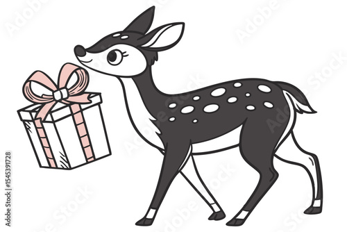 Sprightly cartoon fawn gracefully carries a gift box tied with a pale pink bow