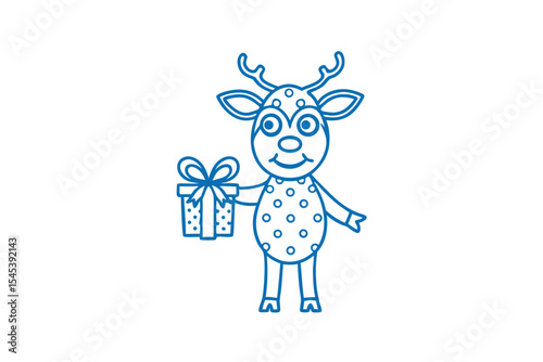 Smiling cartoon reindeer delivers a gift box outlined in blue over white background