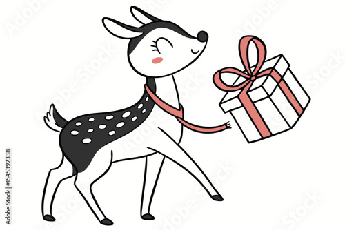 Cute cartoon deer strides cheerfully, offering an adorable white gift box tied with a pink ribbon