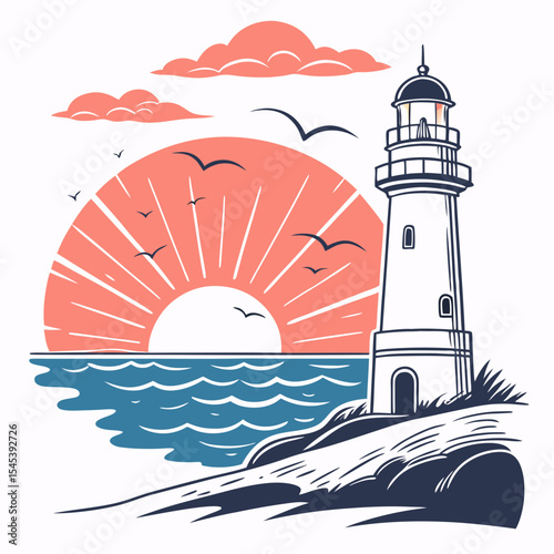 Coastal Lighthouse Sunset Scene Ocean View Birds Coral Sky Blue Water Graphic Illustration sunrise
