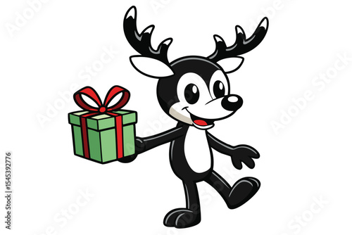 Smiling cartoon reindeer carries a vibrant green gift with a striking red bow