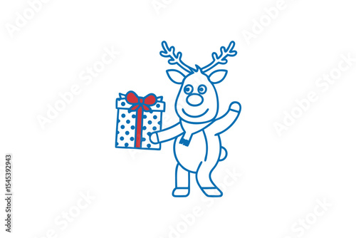 Smiling blue outline cartoon reindeer with red bow gift box welcomes the holidays