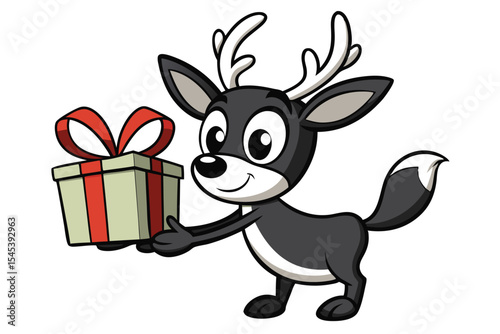 Cheerful cartoon reindeer holds out gift box featuring red ribbon against a white backdrop