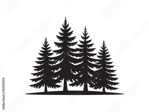 Evergreen forest silhouette grove isolated on white background