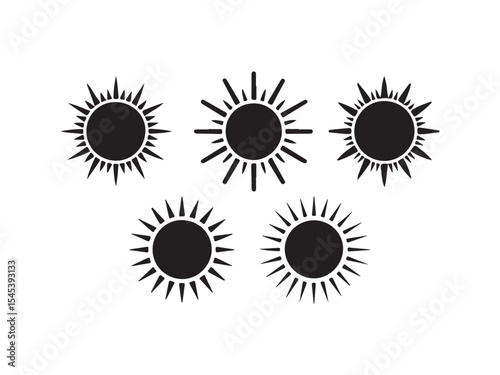 Five different silhouette sun designs isolated on white background