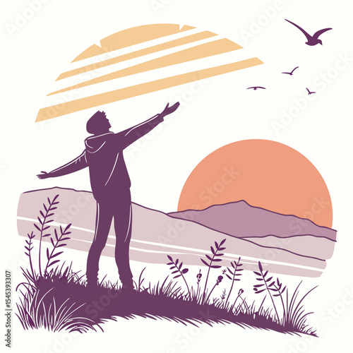 Purple Silhouette Man Welcoming Sunset Over Purple Mountains and Grass vector