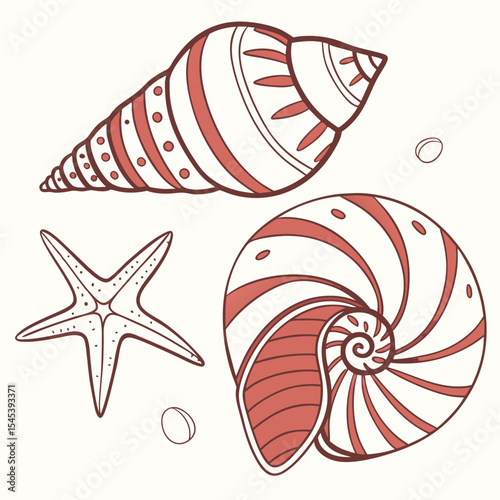 Red and White Seashells Nautical Starfish Illustration on White Background nautilus shell spiral shell