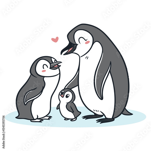 Cute Penguin Family with Blush and Heart Vector,
Loving Parents and Baby Penguin Cartoon Graphic