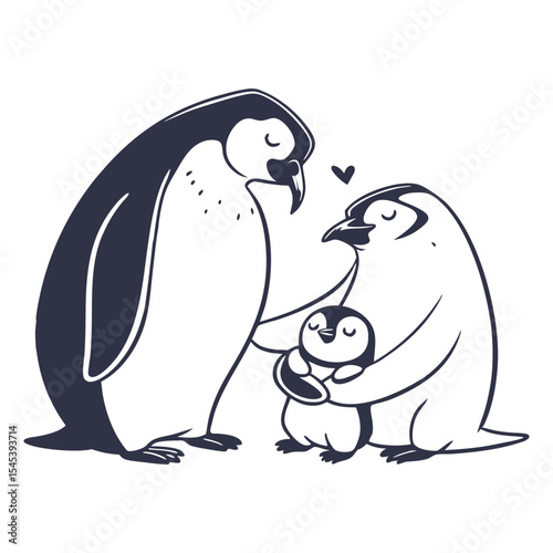 Adorable Penguin Family Vector Illustration, Mother and Father Penguins with Baby Chick Graphic