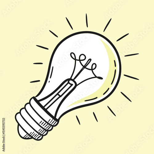 Doodle Style Glowing Light Bulb Vector,
Creative Idea and Innovation Hand-Drawn Icon,
Bright Solution or Eureka Moment Graphic