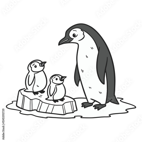 Cartoon Penguin Family on Iceberg Vector,
Antarctic Birds - Parent Penguin and Two Chicks Graphic