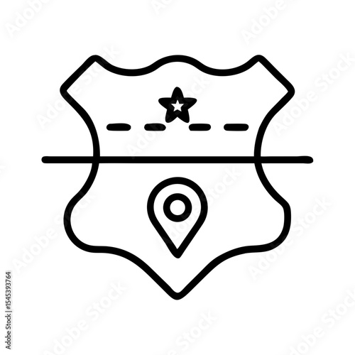 Outline of police badge with location pin and star symbol  