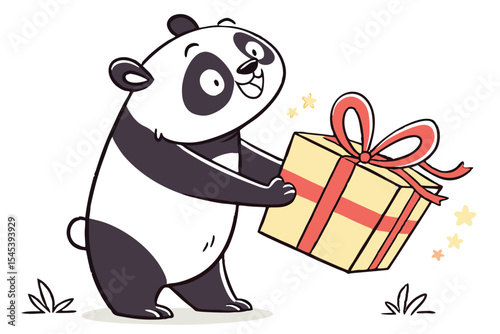 Joyful panda bear brings a light yellow gift box tied with coral ribbon