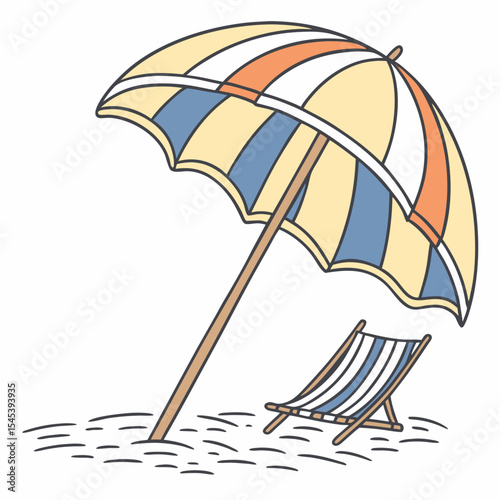 Striped Beach Umbrella and Deck Chair on Sandy Beach Summer Vacation Illustration vector