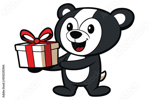 Smiling cartoon panda is happily presenting a wrapped present with a bright red bow