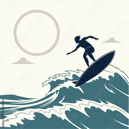 Surfer Silhouette Riding Ocean Wave Under Moonlight Minimalist Illustration Teal White Background surfing