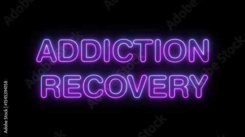 addiction recovery symbol. concept words addiction recovery bright glowing neon effects, vibrant and colorful text animation on transparent background