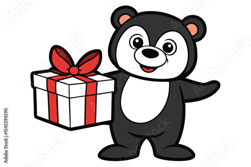 Cheerful panda character happily holds a wrapped present featuring a vibrant red ribbon and bow