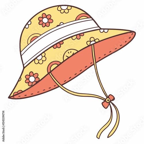 Yellow Coral Flower Pattern Sun Hat with White Band and Yellow Ribbon Tie Isolated on White Background