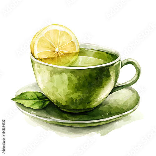 Watercolor Illustration of a Green Tea Cup with Lemon Slice and Mint Leaves