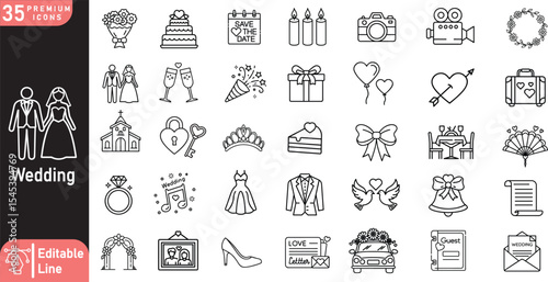 35 Line Vector Icons of Wedding Concepts – Minimal Monoline Illustrations of Rings, Dress, Cake, Gifts, Romantic Symbols, Ceremony Elements, and Love-Related Icons for UI, Stationery, and Stock