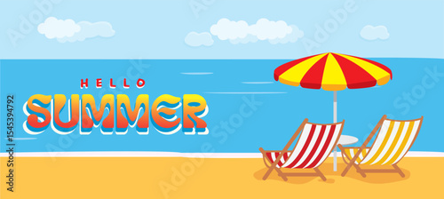 Abstract Summer background llustration vector_beautiful beach with deck chairs and ocean view