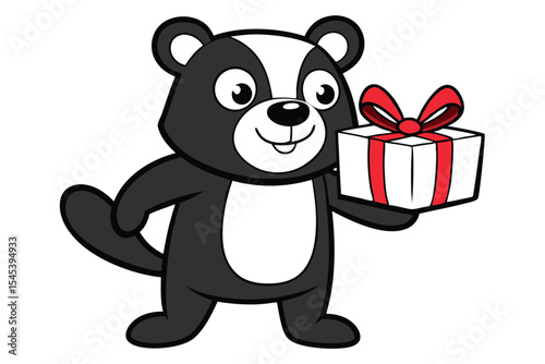 Cheerful skunk character smiles while presenting a present box tied with a red bow