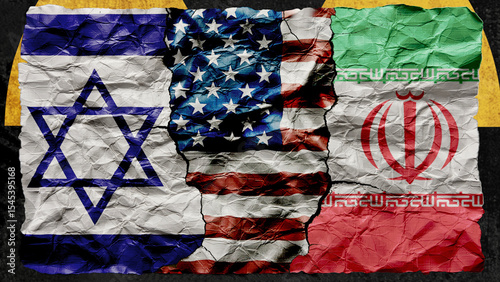 Flags of the USA, Israel and Iran on a cracked paper surface. Political conflict between Israel, Iran and the United States. Economy, war crisis.