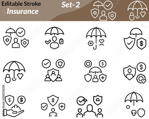 An insurance icon set includes vector illustrations representing protection and coverage, such as shields, hands holding homes or people, documents, medical symbols, cars, and family figures.