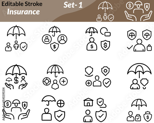 An insurance icon set includes vector illustrations representing protection and coverage, such as shields, hands holding homes or people, documents, medical symbols, cars, and family figures.