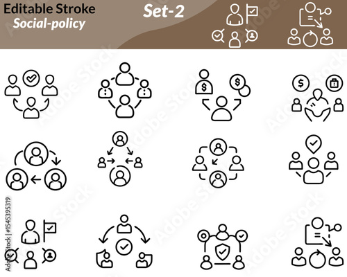 A social policy icon set features vector illustrations representing public welfare themes such as education, healthcare, housing, employment, equality,and social justice. Ideal for government programs