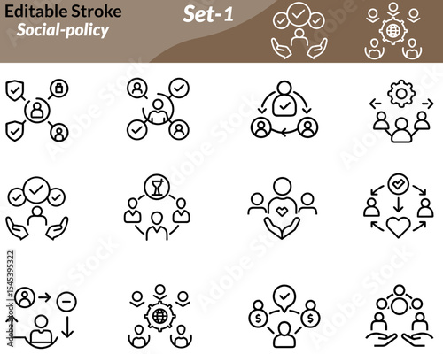 A social policy icon set features vector illustrations representing public welfare themes such as education, healthcare, housing, employment, equality,and social justice. Ideal for government programs