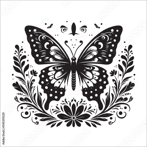 Butterfly Black and White Vector illustration silhouette full black color white background