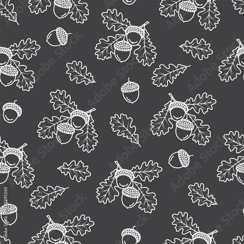 Graphic oak branсhes seamless pattern. Linear art botanical design with acorns and leaves for printing on fabric and paper. White outline on grey background. Vector natural wallpaper, cover, textile.