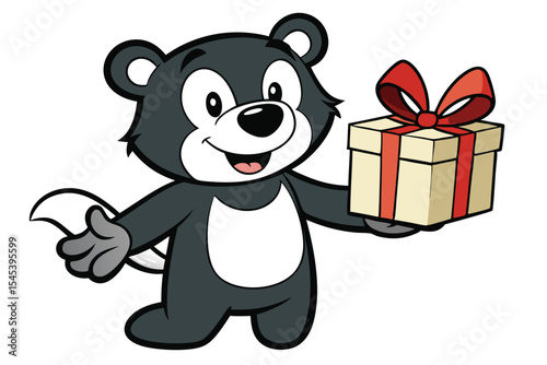 Cheerful cartoon skunk with big eyes holds a gift box with red ribbon