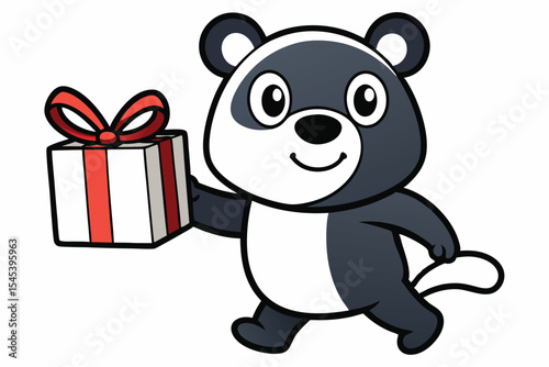 Joyful cartoon skunk merrily carries white gift box adorned with a red ribbon design