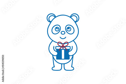Smiling outline panda holds a blue gift box with red ribbon on white