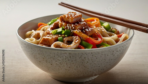 Delicious Asian-style udon noodles with tender chicken and vegetables in savory sauce.