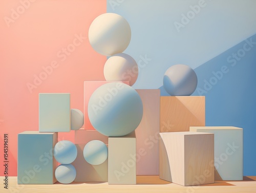 Artistic still life of spheres and cubes against colorful backdrop