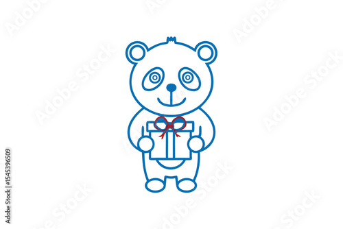 Minimalist blue panda outline holds a present with a red ribbon happily