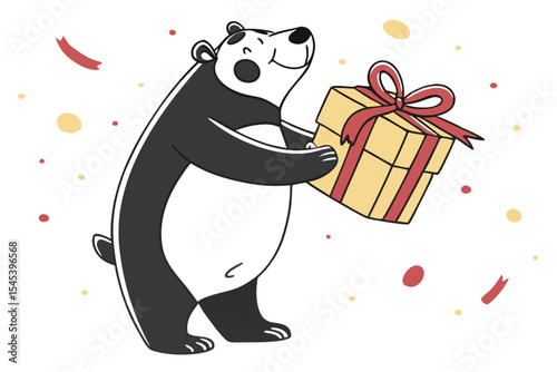 Cheerful panda bear holds a yellow gift box with red ribbon looking up hopefully