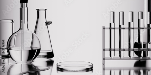 Scientific research background. Chemistry glassware on table. 3d rendering laboratory glass equipment