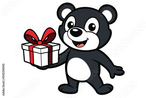 Smiling cartoon bear presents a wrapped gift box with a big red ribbon