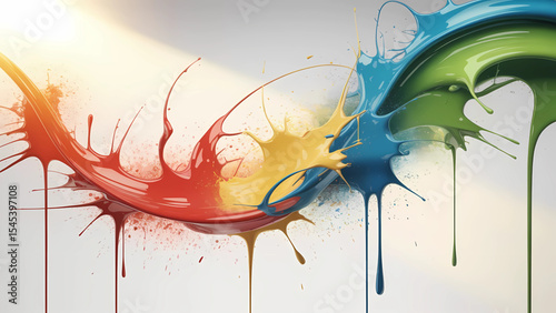 Abstract colorful paint splashes and dripping effects on a bright white background