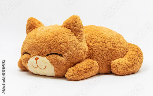 Close-up shot of a plush cat toy curled up for a cozy and peaceful nap, with soft fur and relaxed posture. Generative AI.
