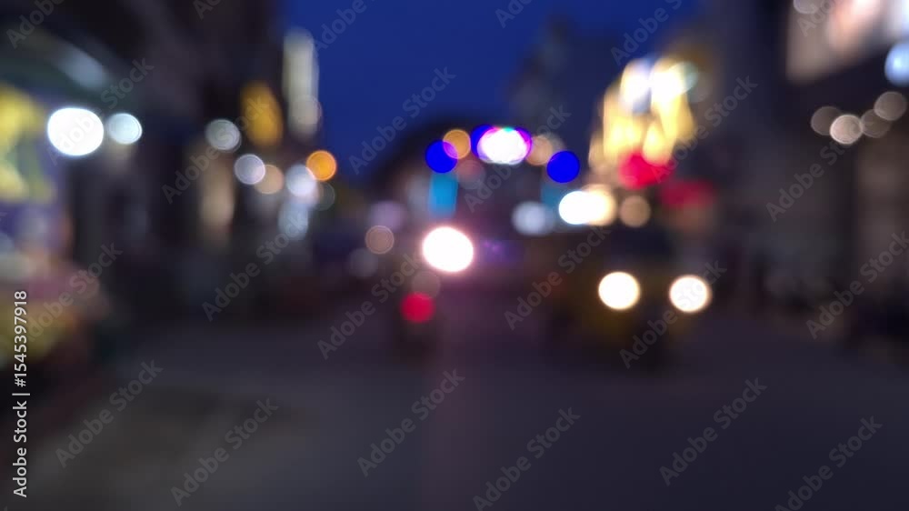 night city street, 4K, Defocused Traffic, Travel or Transportation Concept, Headlights of vehicles creating a beautiful bokeh effect, blurred footage ideal for b rolls and cinematic backdrop. Travel.
