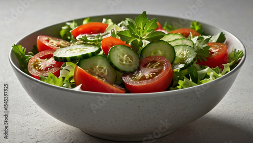 Bright and colorful salad of fresh cucumbers and ripe tomatoes. Ideal for light meals and healthy diets.