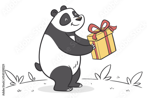 Happy cartoon panda cheerfully holds a yellow gift box with red ribbon