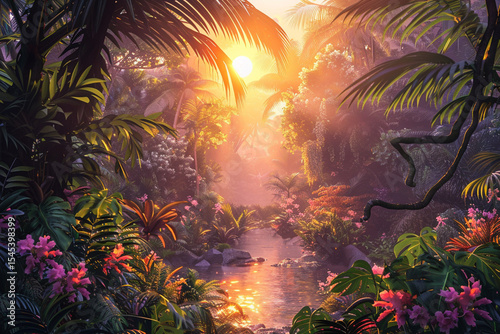 Tropical jungle at sunset with lush plants, glowing river, and magical sunlight streaming through dense foliage.