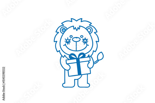 Smiling lion cartoon outline holds a gift box with ribbon on a white background